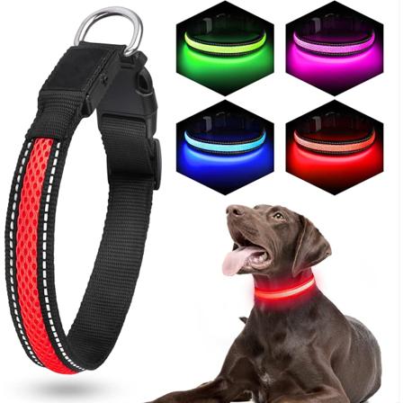 USB genopladelig lysende hundekrave led vandtæt kæledyrskrave to-farvet net hund hals guld hår anti-tab om natten (M, rød)