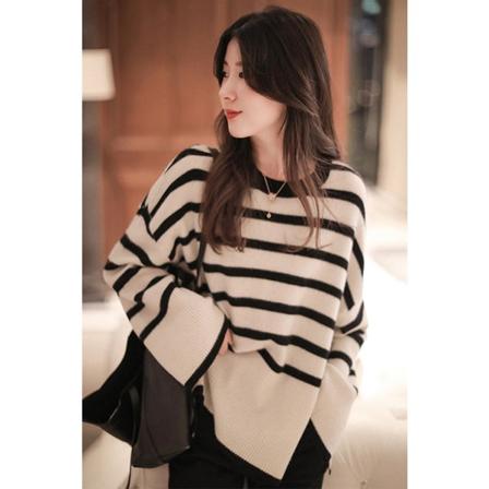 Kvinder Strik Efterår Vinter Sweater Løs stribet sweater Japansk stil Casual Slit Top Beige L