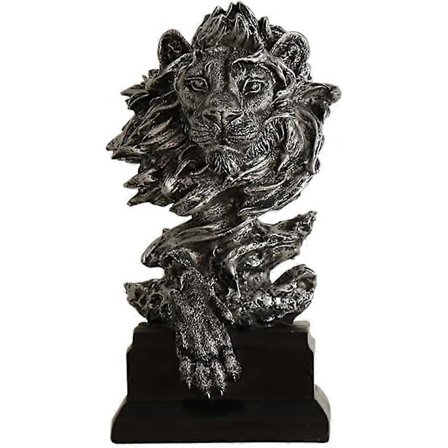 (Silver) Lejonhuvudfigur i trä och harts, lejonstaty i harts, djurhuvudstaty, skrivbordsdekoration, inredning för hem, kontor