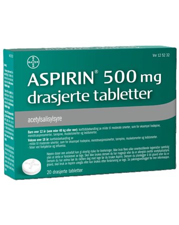 Aspirin 500 mg drasjerte tabletter 20 stk
