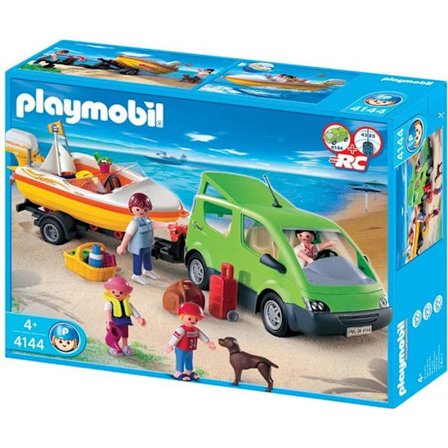 PLAYMOBIL - Familiebil og båd - 4 tegn - Bådtrailer - Hund - Tilbehør