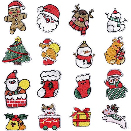 16 stk. julebroderede stryge-på-lapper DIY-tilbehør, Chri