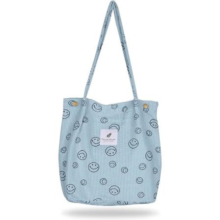 Kvinde Cordfløjl Tote Taske Smiley Face Casual Tote skuldertaske til kvinder Håndtaske Stor Kapacitet Skuldertaske skole crossbody(Lyseblå)