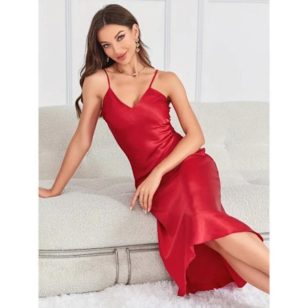 Enfärgad Satin Underklänning, Elegant V-ringad Rygglös Spaghettiband Nattlinne, Dam Sovkläder & Klänningar Röd