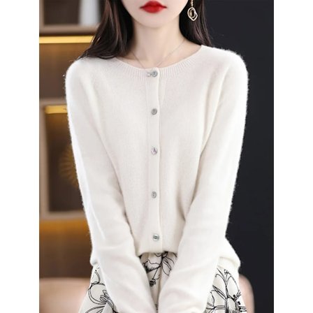 Addonee Dame Sweater i 100% Merinould, Cashmere, Rundhalset Cardigan, Raglanærme, Klassisk Strik, Ensfarvet, Basis Beklædningsgenstand, HVID HVID HVID