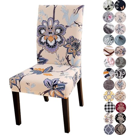 Strækbare Parson Stolebetræk til Spisestuestole, sædebetræk, stolebeskyttere (sæt med 4, beige blomster)