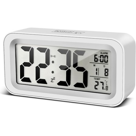 Oppgradert Digital Vekkerklokke - Nattbordsklokke med Temperatur, Snooze, Nattlys & Kalender (Hvit)