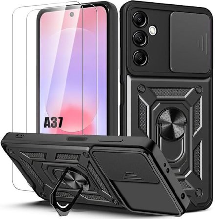 Coque Support - BOOLING - til Samsung Galaxy A37 5G - med Kamera Beskyttelse Sort - 2 Tempereret Glas
