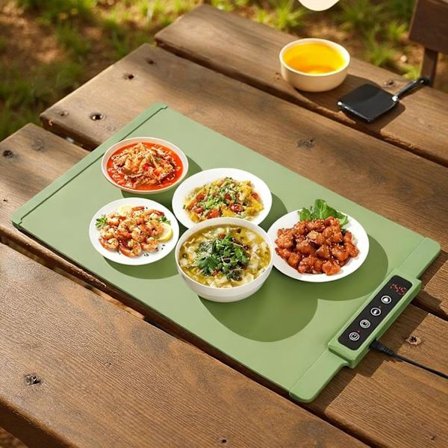 Bærbar matvarmematte, 6 justerbare moduser, med timer, rullbar for oppbevaring, laget av silikonmateriale, og har barnesikring