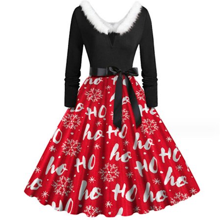 Julekjole til kvinder med V-udskæring Vintage Print Lang Style4