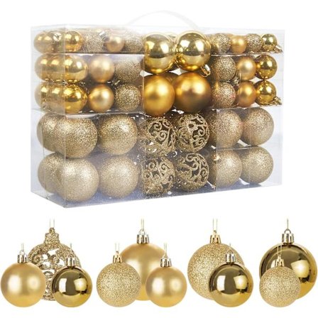 Sett med 100 gullfargede julekuler til juletre, glitrende, ugjennomsiktige, blanke dekorasjoner, 3, 4 og 6 cm