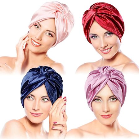 4 stycken cap Sleep Silk Night Bonnet Sovhatt Huvudbonader på båda sidor Klassisk plisserad för kvinnor (Chica färger)