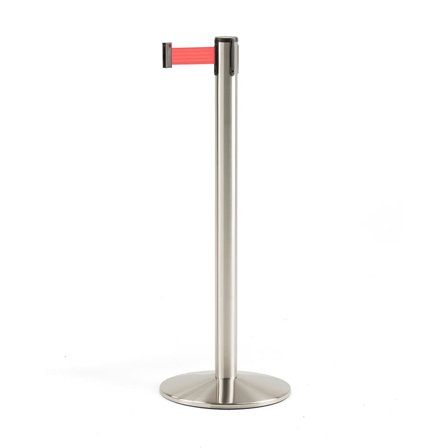 Belt barrier system, 3650 mm, brushed steel, red belt