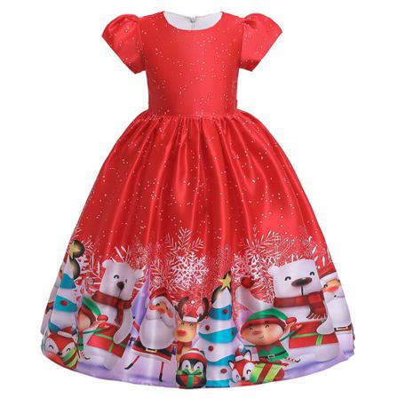 Toddler Santa Print Crew Neck Party Dress Kortärmade Klänningar
