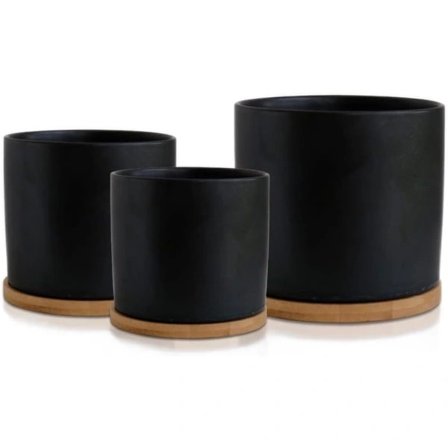 Keramisk blomsterpotte med bambusfat, svart, innendørs, blomsterpotte, svart blomsterpotte, keramisk blomsterpotte, utendørs med fat (stor)