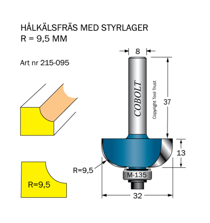 Cobolt 215-095 Hulskalfræser R=9,5 D=32 L=13, Maskintilbehør & forbrugsvarer