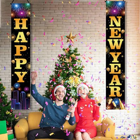 Godt Nyttår Banner 2025, 1 Par 71x12 tommer Godt Nyttår Skilt, Hengende Godt Nyttår Bakgrunn for Hjem Veranda Vegg Banner