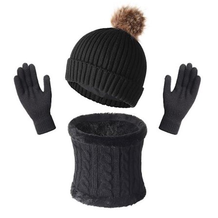 Varmt og stilig tredelt sett, strikket lue, skjerf og hansker - Svart