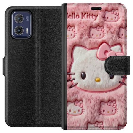 Kompatibelt Lommeboketui til Motorola Moto G73 Hello Kitty rosa fluffy bakgrunn med ikoniskt ansikt og kawaii-estetikk