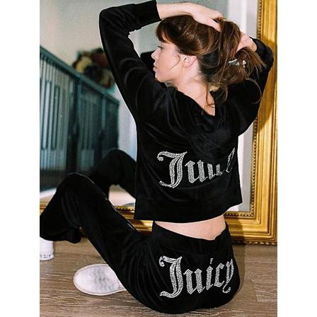Samettiset Juicy-ompeleet Huppari ja Housut Setti Vetoketjulla Urheiluvaatteet 2023 Naisten Kevät/Syksy Treenihaalari Crop Top Musta Black XXL