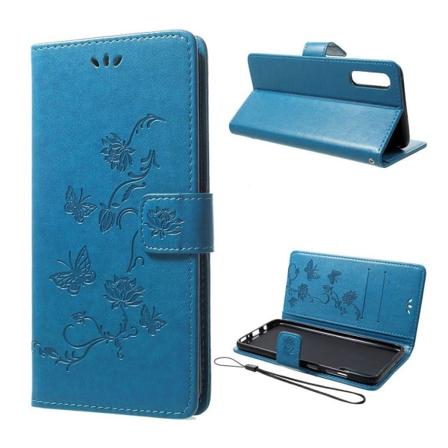 Samsung Galaxy A70 sommerfugleprint på lædercover - blå Blue