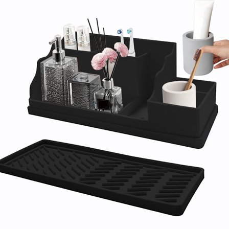 2-i-1 Silikon Badrum Tandborsthållare Organizer - Bänkskiva Förvaringslåda med Dräneringsbricka