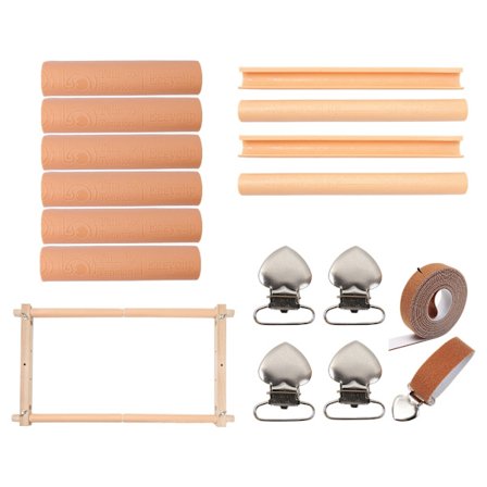 Broderiramme med klips, treramme med metall- og plastklemmer