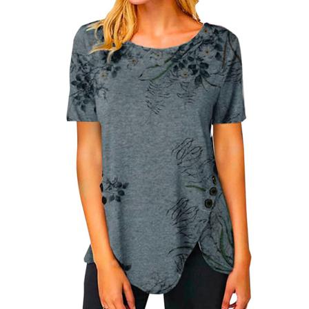 Print T-shirt För Kvinnor Med Blad Tryckt T-shirt