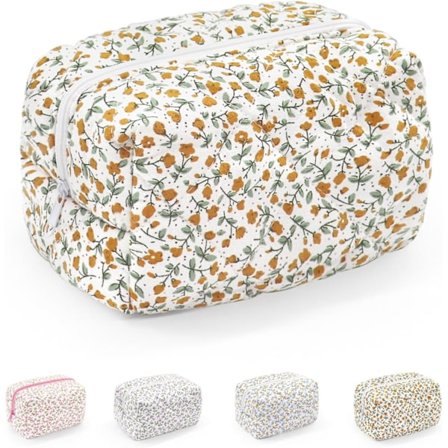 Lille makeup taske, bærbar toilettaske i bomuld, quiltet blomstret kosmetiktaske vaskeorganisator til kvinder piger damer