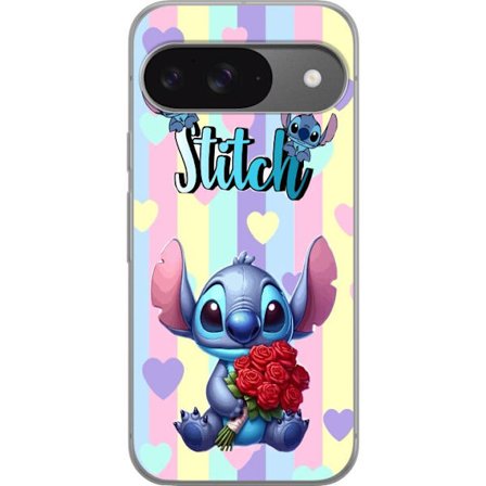 Kompatibelt Mobildeksel til Google Pixel 9 Romantisk illustrasjon av Stitch som holder røde roser mot stripet bakgrunn