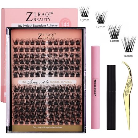 144 kluster med lösögonfransar i rosa + dubbelsidigt lim + limborttagare + pincett