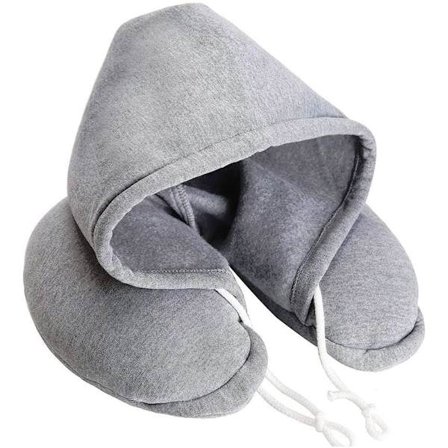 Pehmeä ja mukava huppuinen niskatyyny matkustamiseen, lentokoneen niskatuki hupparilla, kompakti ja kevyt, autoon ja toimistoon (harmaa)