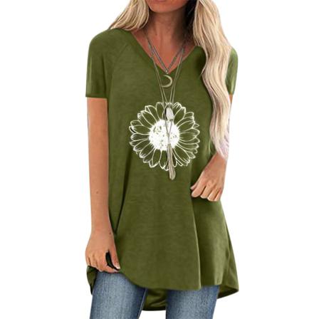 Sommar Dam Märke V-ringad Krysantemum Print Kortärmad Comf