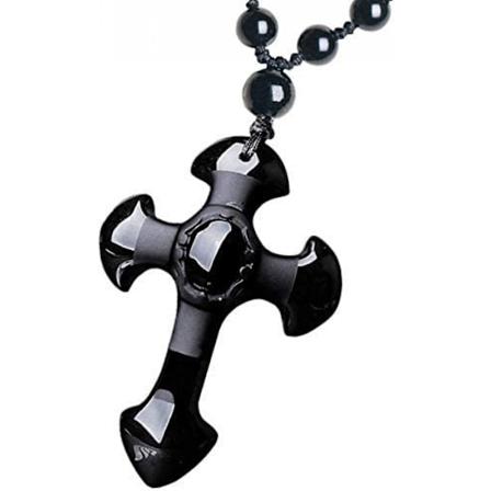 Obsidian kors halskjede Amulett anheng med perlekjede for kvinner eller menn
