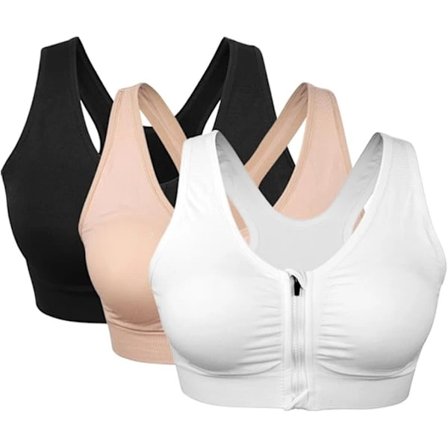 3-pakning sports-BH for kvinner med glidelås foran, uten spiler, komfortabel BH etter operasjon med avtagbare puter A A M