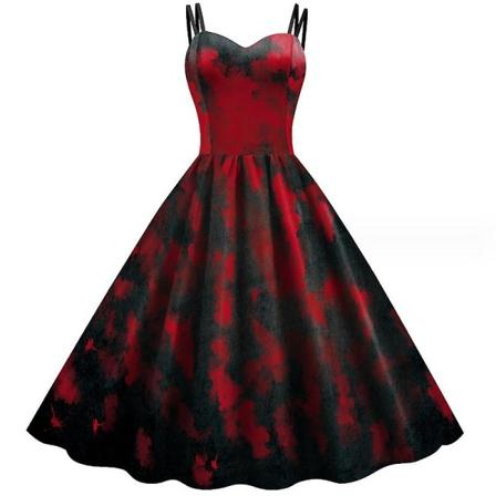 Halloween kjole Dame V-hals Print Kjole Vintage Sløjfe Bælte Cocktail Kjole Fall Baggy Midi kjoler COLOR 3 M