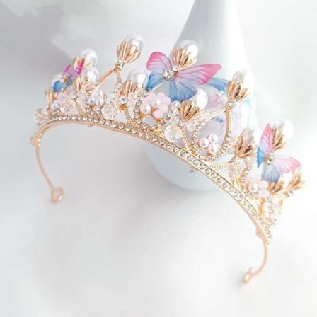 Tiara med strass för prinsessor, kristalltiara med pärlor, fjärilstiara, pannband, håraccessoarer, födelsedagsfest