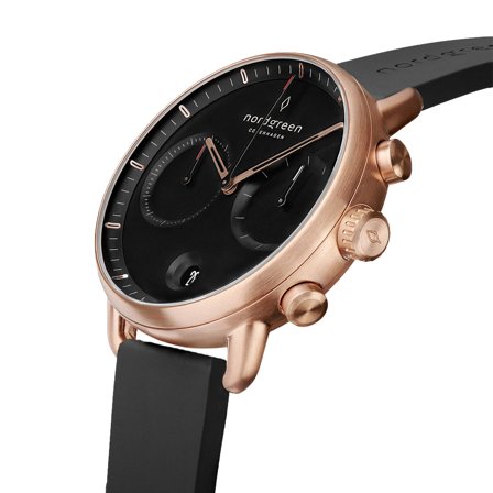 Nordgreen Men's Minimalistist Large Wrist Watch Watch - Rose Gold Case - Black Dial - Black Rubber Medical Watch Strap Pioneer White Dial Chronograph