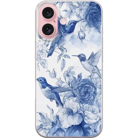Kompatibelt Mobildeksel til Apple Apple iPhone 16 Fugler og blomster blå romantiskt mønster