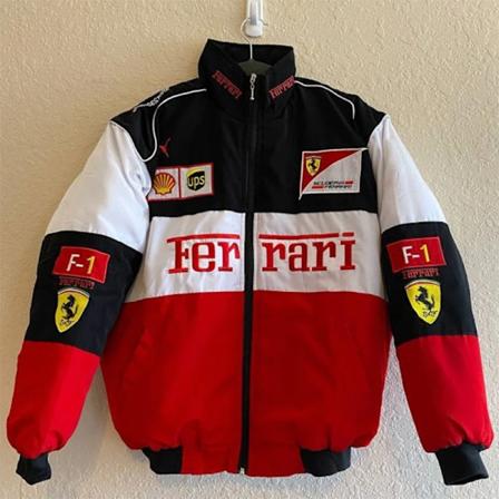 Racingjakke til mænd med rød og sort broderi, jakken passer til F1-teamet Ra