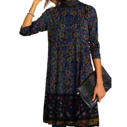 Kvinnor Vintage Turtleneck Blommigt Print Klänning Höst Elegant Lång