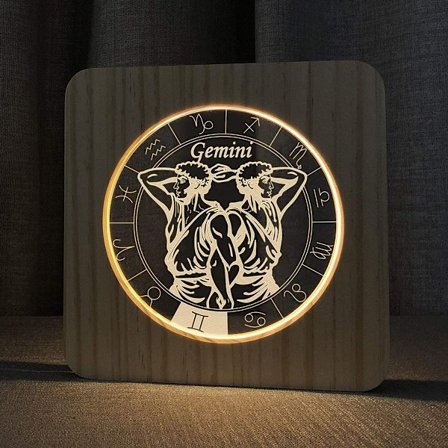 Trelampe med stjernetegn, 3D-illusjon nattlys for soverom, bursdagsfestdekorasjon (Tvillingene)