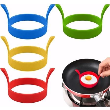 Sæt med 4 stegte ægforme, 8,5 cm, silikone, non-stick, omeletform, med håndtag, varmebestandig, hamburger-dessertring (blå, gul, grøn, rød)