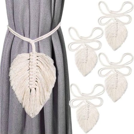 Set med 1 bohemiska bladgardinomtag i bomull, makramé, gardinomtag i beige, dragsko i bomull, gardinklämmor, fjäderrep, gardinband