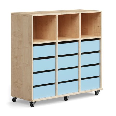Student storage CASPER, 12 drawers, 3 upper compartments, birch, sky blue