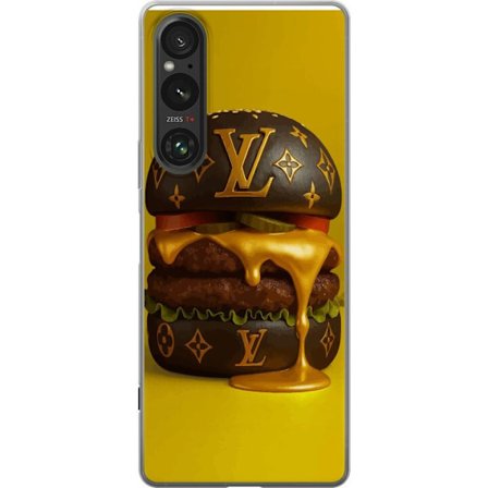 Sony Xperia 1 V Gennemsigtig cover Luksuriøs LV burger mode mad parodi guld detaljer eksklusiv humor design æstetik luksus stil kreativ kunst modern
