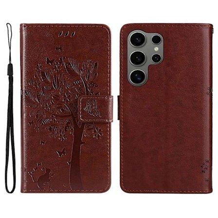 Kompatibel med Samsung Galaxy S25 Ultra telefoncover med stativ, katte-træ mønster, læderpung, mobilcover - lingling}