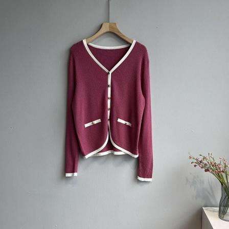 Kvinder Strik Efterår Vinter Sweater V-krave Kontrastfarve Casual All-Match bundskjorte Top tynd Pink 56*84*59cm