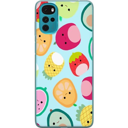 Kompatibel Mobilcover til Motorola Moto G22 Mønster af kawaii frugter som jordbær citron ananas og avocado på lyseblå baggrund