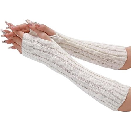 ING MDUG Lange Fingerløse Handsker Hvid One Size Strikket Håndledsvarmer med Tommelfingerhul Lange Håndledsvarmer Fingerløse Armærmer til Voksne Varme